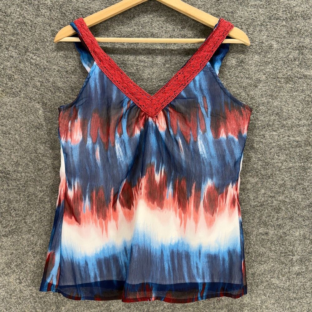 D.F.A. New York Blouse Women S Small Blue Striped V-Neck Sleeveless Wide Strap